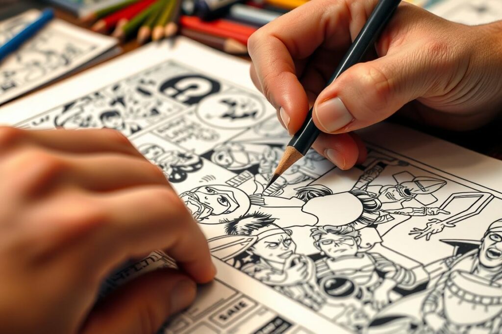 A person creating their own comic or artwork inspired by nerd culture