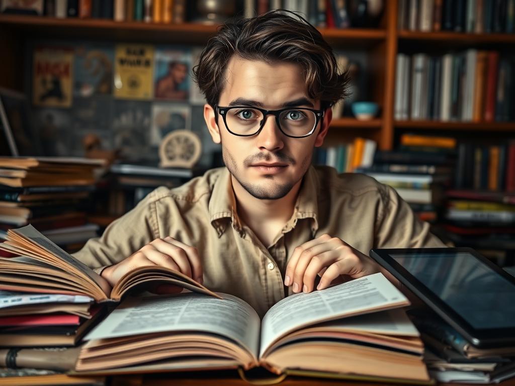 A person deeply engaged in exploring a complex topic with books, notes, and digital resources