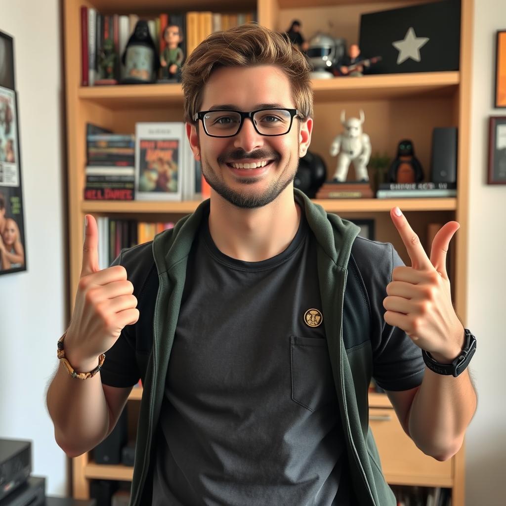 A person proudly displaying various elements of their nerd identity through clothing, accessories, and surroundings