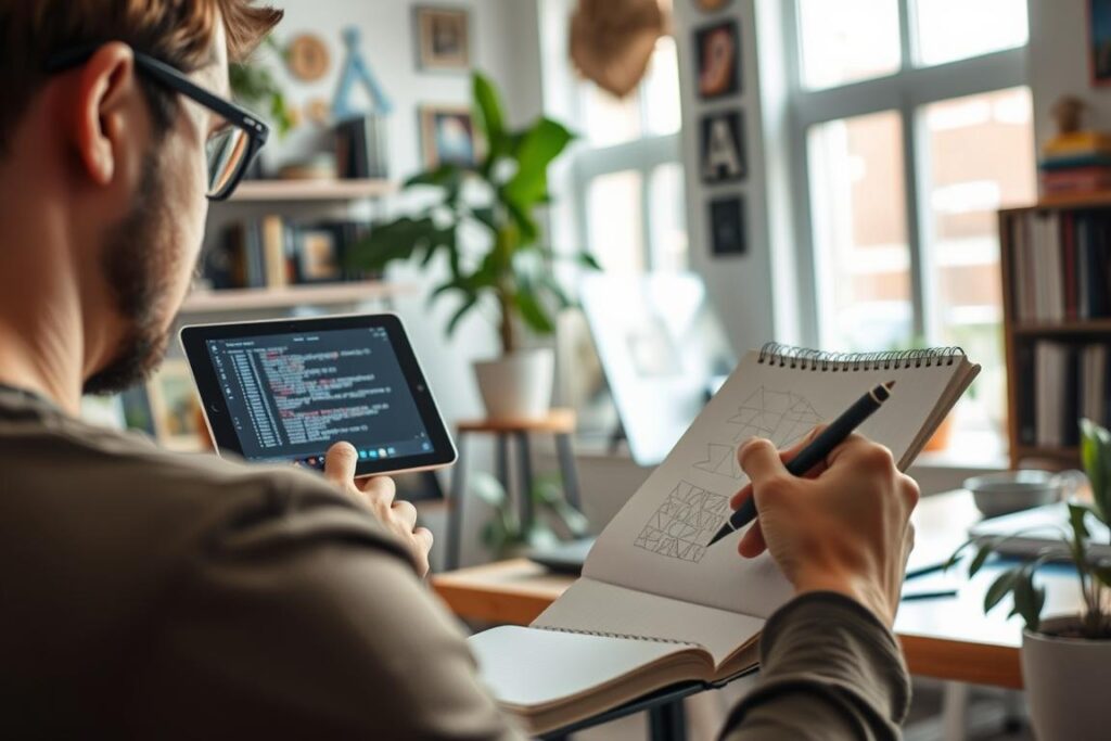 A person switching between digital work on a tablet and analog sketching in a notebook