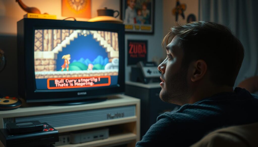 A player emotionally reacting to a powerful narrative moment in a 90s RPG game