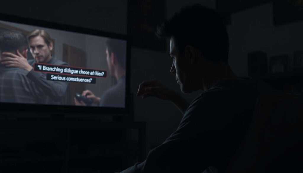 A player making a difficult moral choice in a narrative-driven game showing emotional impact