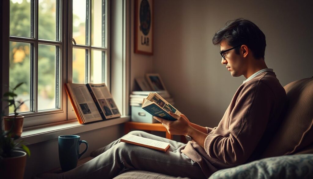A serene moment of a person embracing nerd culture in their daily life