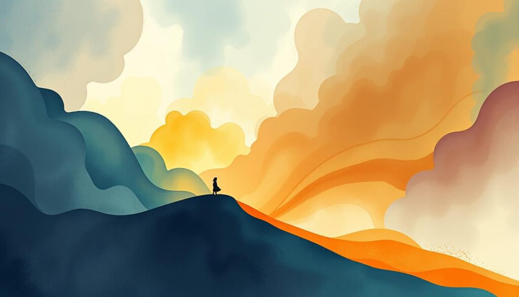 A serene scene from a therapeutic game showing a character's journey through emotional healing