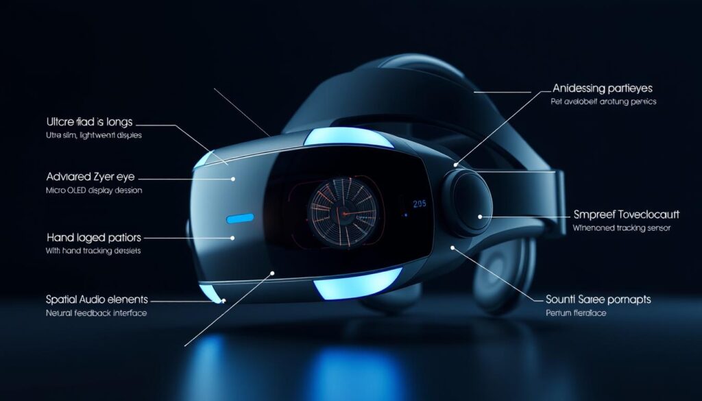 Advanced VR headset from 2025 with detailed view of its components and haptic feedback system