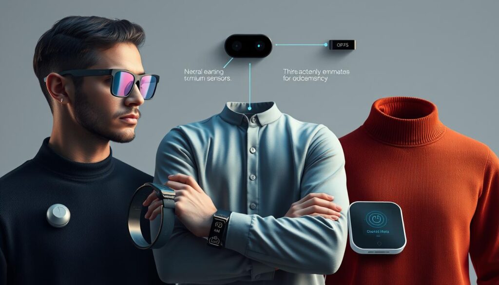 Advanced wearable technology ecosystem showing smart clothing, neural interfaces, and health monitoring devices