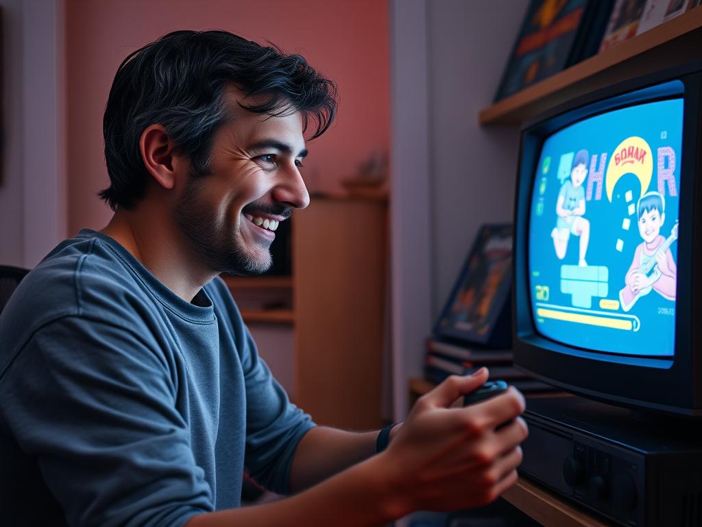 An adult revisiting a childhood game with a nostalgic expression, showing the emotional journey of gaming across generations