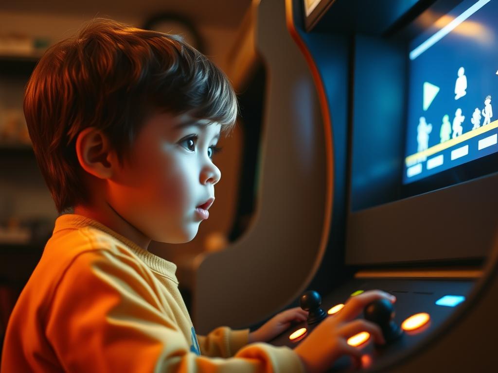 Classic arcade cabinet with a child playing an 8-bit game showing early emotional connection in gaming