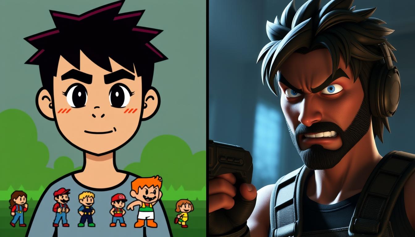 Evolution of gaming from 8-bit pixels to modern realistic graphics showing the emotional journey of gaming