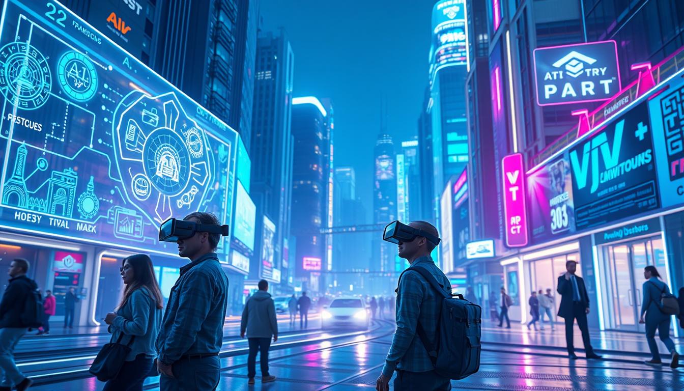 Futuristic cityscape with emerging technology trends 2025 visualization showing AI, VR, and advanced computing systems