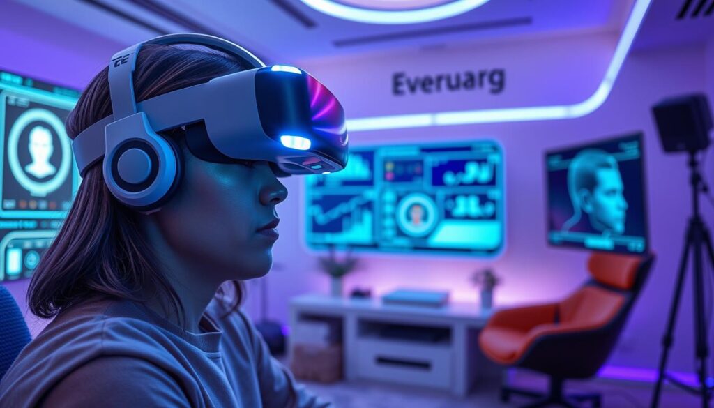 Futuristic gaming setup with VR and emotional response technology, representing the future of the emotional journey of gaming