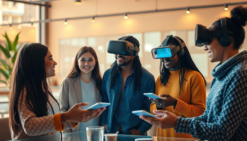 Futuristic scene showing people collaborating with advanced technology in harmony