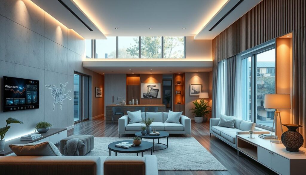 Futuristic smart home with ambient intelligence systems integrated into the architecture