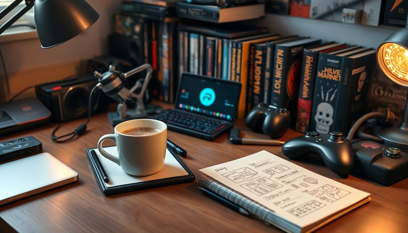Nascimento do My Nerdy Planet representado por uma mesa com gadgets, livros de ficção científica e uma xícara de café
