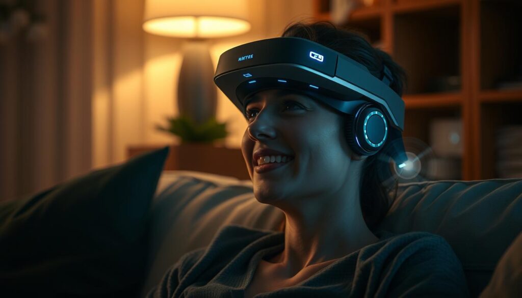 Person experiencing an interactive sci-fi narrative with neural feedback and personalized storyline adaptation