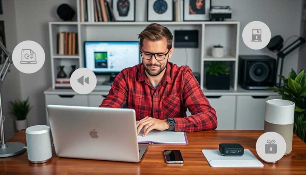 Person surrounded by multiple smart tools working efficiently - the modern nerd's digital ecosystem