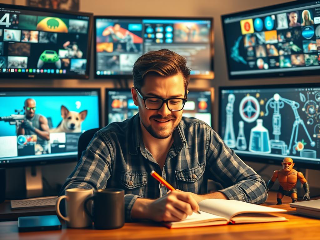 Pessoa escrevendo em um blog sobre cultura nerd com múltiplas telas mostrando diferentes tópicos