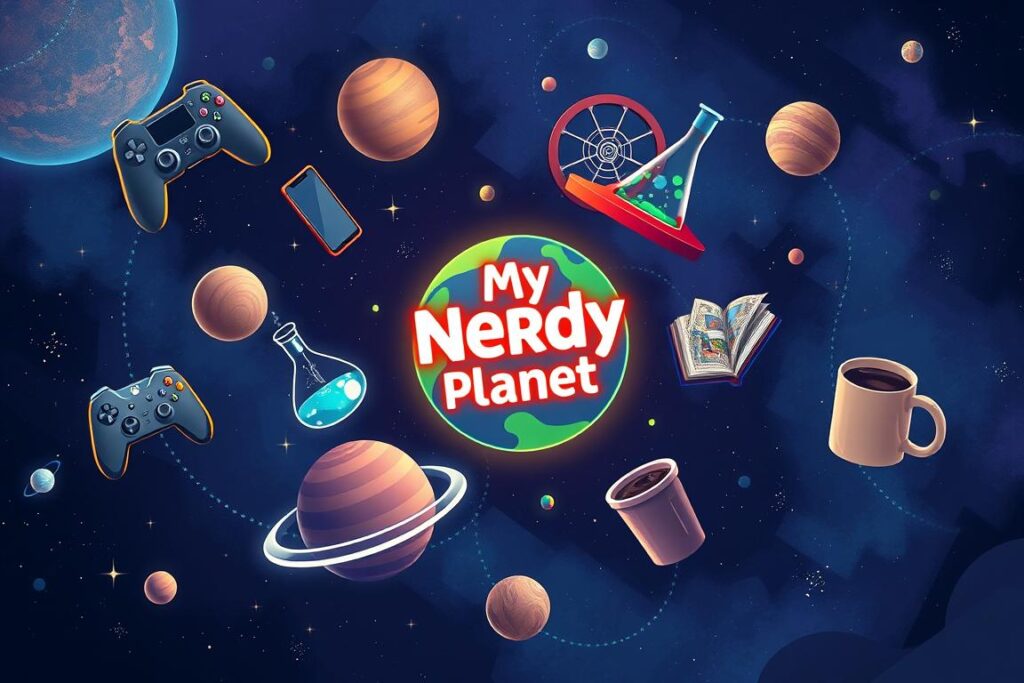Representação visual do universo nerd com elementos de tecnologia, games, cinema e ciência flutuando como planetas