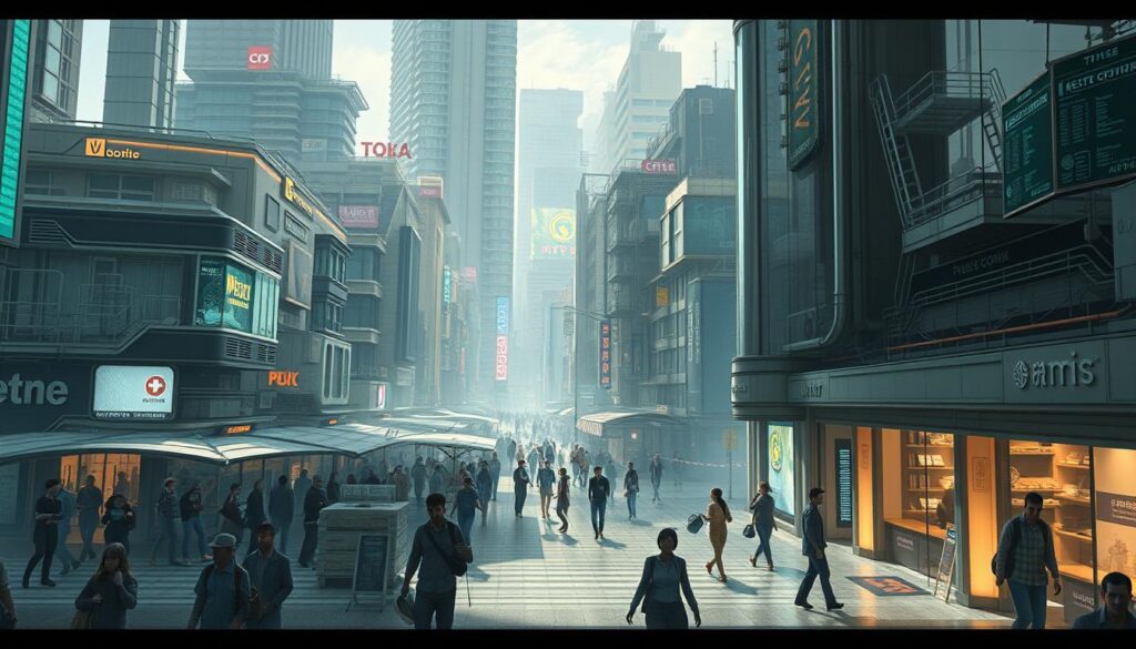 Sci-fi worldbuilding concept art showing a society transformed by neural interfaces and ambient intelligence