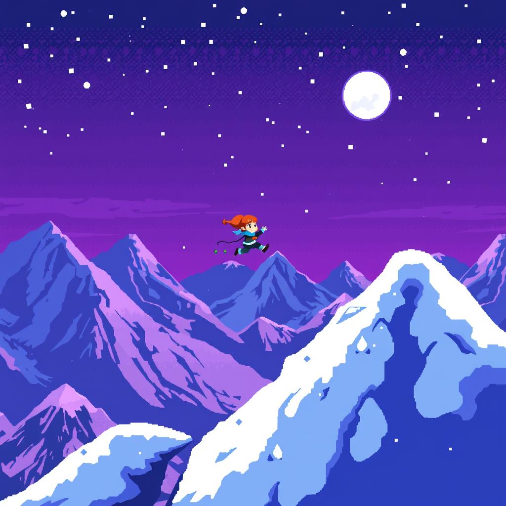 Screenshot from indie game Celeste showing the main character climbing a mountain, representing emotional struggles