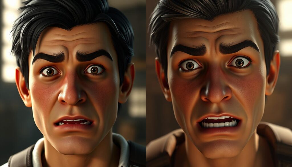 Side-by-side comparison of early 3D character models and modern realistic character expressions showing the emotional journey of gaming