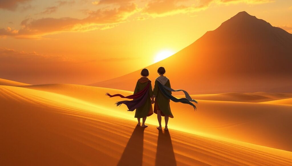 Two characters from the indie game Journey standing together on a sand dune, showcasing the emotional journey of gaming