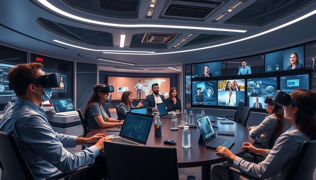 Virtual reality collaborative workspace showing multiple users interacting with 3D data and models