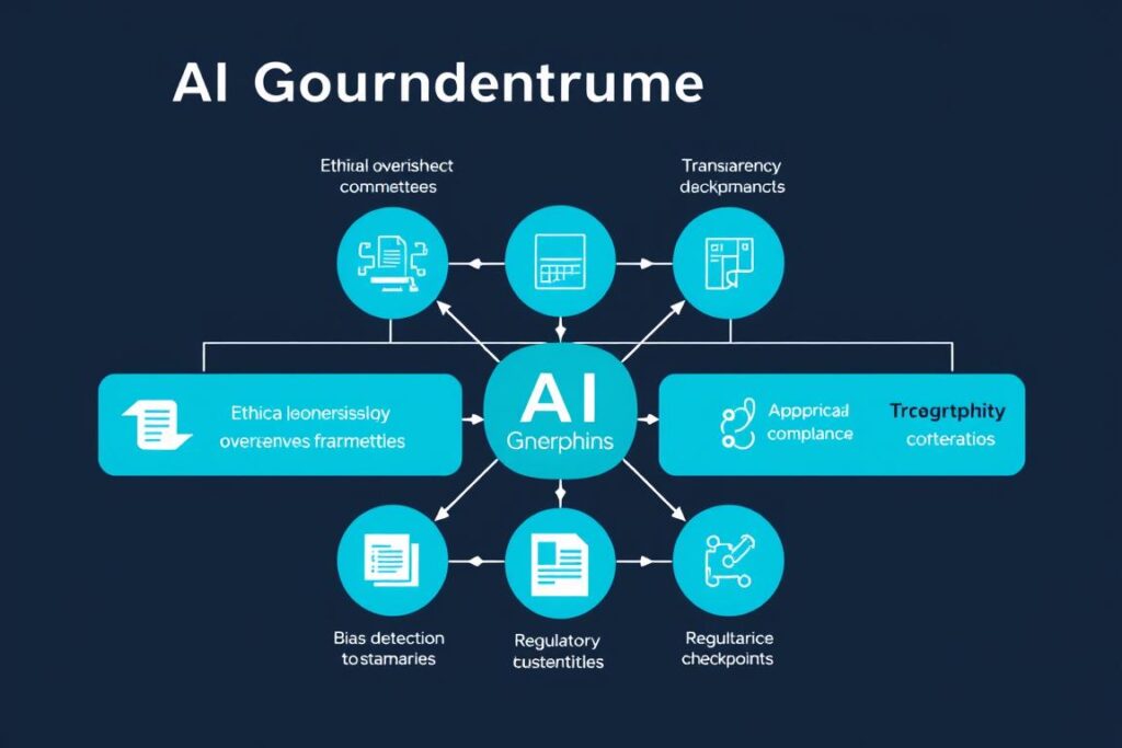 Visual representation of AI governance framework with ethical oversight, transparency, and regulatory compliance elements