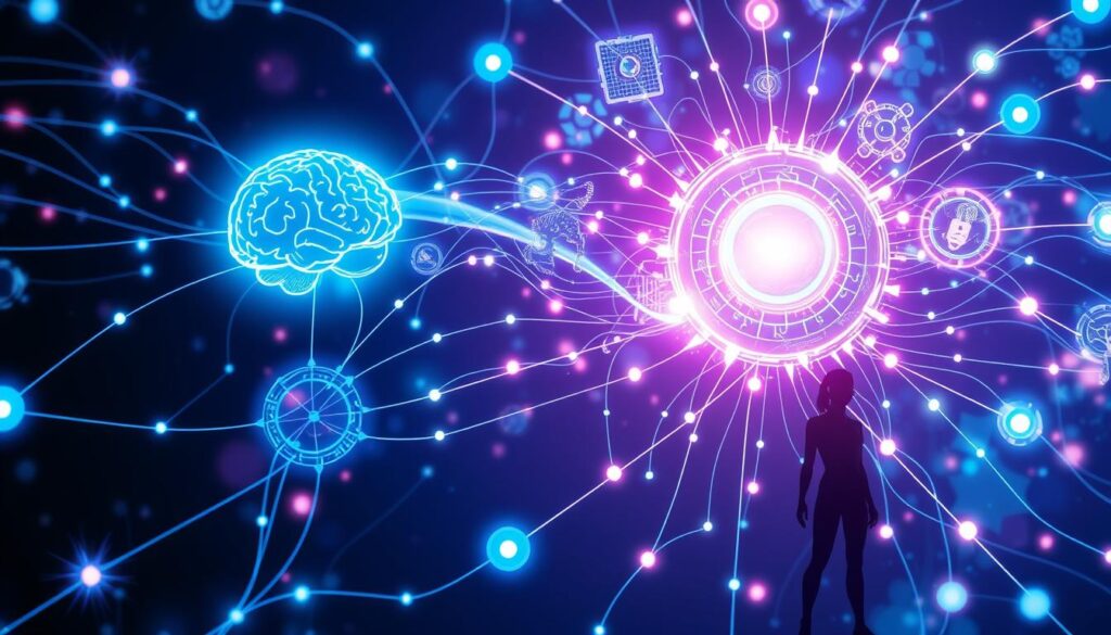 Visual representation of technology convergence showing AI, VR, neural interfaces and quantum computing working together